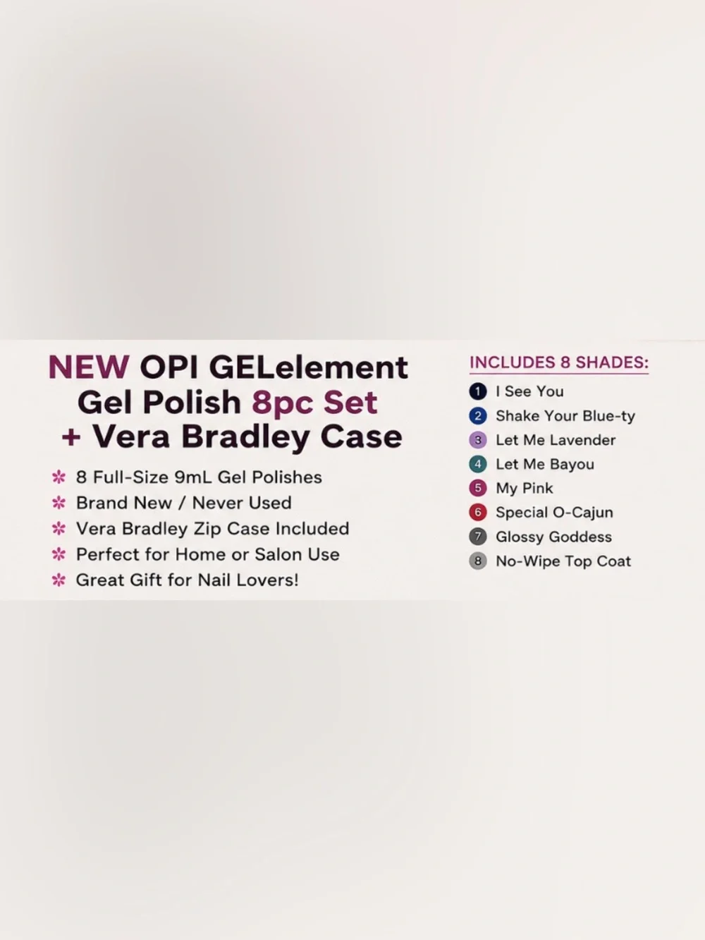 OPI GELement Gel Polish Bundle! Lot of 8 Nail Lacquer +Vera Bradley Storage Case